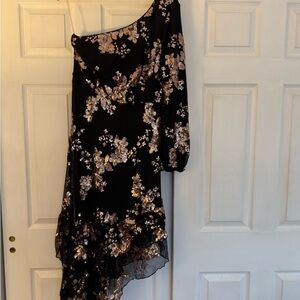 SHEIN Black and Gold Asymmetrical Floral Dress